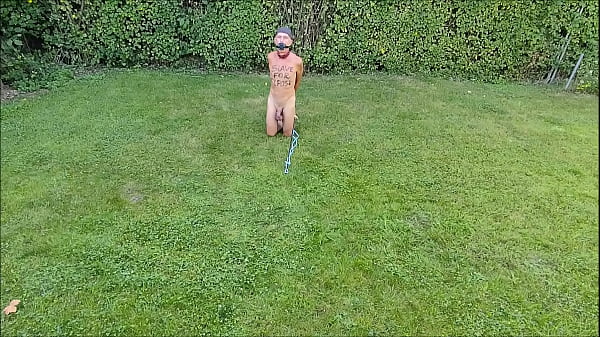 naked pathetic slave uncut dick outdoor handcuffed jumps around tied up at testicles