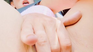 Horny married MILF fingers herself in public for truckers while husband drives.