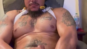 Beefy hunk masturbating and finger his tight ass to female fan over the phone and cums hard for her
